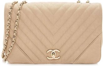 Chanel Beige & Gold Metallic Caviar Leather Statement Small Single Flap Bag (Authentic Pre-Loved)