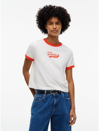 Tommy Hilfiger Womens Tommy Jeans Puff Print Ringer T-Shirt - Off White - L