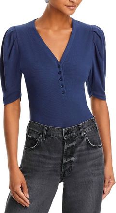 Frame Denim Rib Knit Ruched Sleeve Henley Tee In Navy Blue