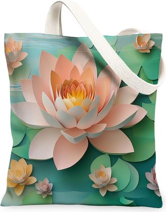Generic Spring Paper Cut Craft Water Lily pad Canvas Tote Bag for Shopping 13x15, Cute Luxury Floral Reusable Grocery Print Bag for Women, Garden Beach Aesthe