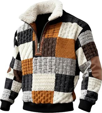 Generic Mens Winter Pullover Thermal Fleece Jumper, Warm Thick Cotton Coats, Patchwork Jacket Retro Color-block Matching, Outdoor With Half Zip Fleece Lined C