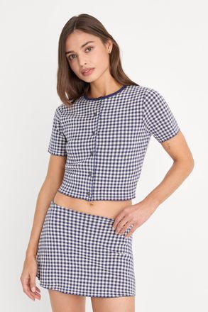 Good American Womens The Keepsake Cardigan | Navy Gingham, Size Medium | Good American by Khlo&Egrave; Kardashian