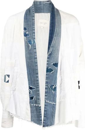 Greg Lauren Light Jackets, male, White, L, Distressed Denim Jacket with Shawl Lapels