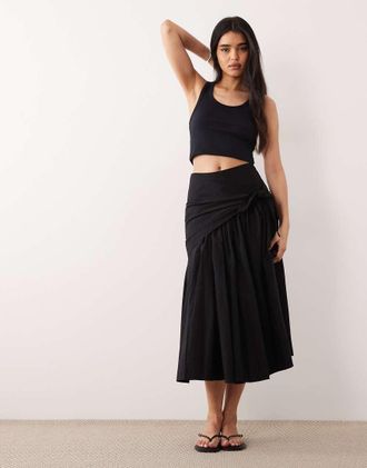 Asos Gonna lunga a ruota in cotone nera allacciata in vita-Nero