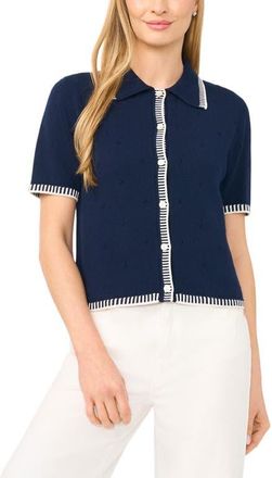 CeCe by Cynthia Steffe Pointelle Button-Up Cotton Top in Classic Navy at Nordstrom, Size Xx-Large