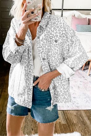 Azura Exchange Womens Oversized Leopard Print Denim Jacket - White Cotton - Size Medium