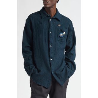 Undercover Embroidered Patch Felted Wool Button-Up Shirt in Green Check at Nordstrom, Size 3