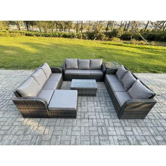 Fimous Fimous Rattan Lounge Sofa Set 10 Seater Outdoor Garden Furniture Set with Rectangular Coffee Table 3 Seater Sofa Big Footstool Side Table Dark Grey