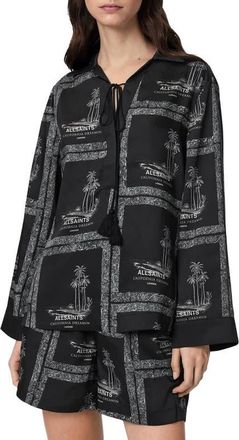 AllSaints Lettie Tie Neck Shirt in Waimea Black at Nordstrom, Size 10