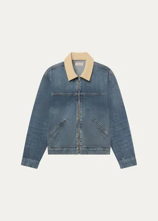 Frame Denim Mens Corduroy-Collar Denim Zip Trucker Jacket
