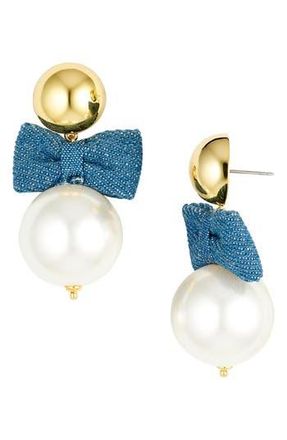 Lele Sadoughi Bow & Imitation Pearl Drop Earrings in Light Denim at Nordstrom Rack