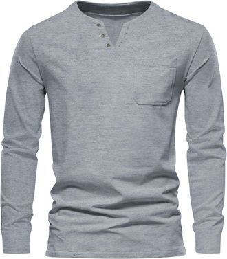 Generic Mens Henley T-Shirt Long Sleeve Lightweight Regular Fit Casual with Button Grandad Shirts Solid Color Casual Tops Mens Grandad Collar Henley T Shirts 