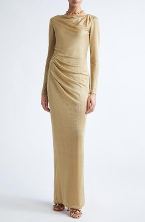 Oscar De La Renta Draped Long Sleeve Metallic Jersey Gown in Gold at Nordstrom, Size 12
