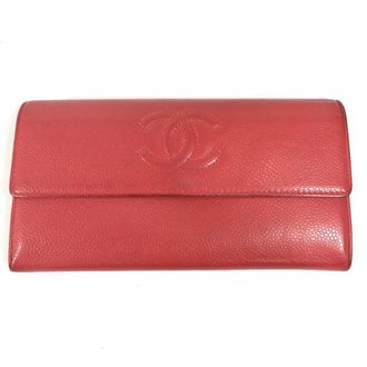 Chanel Red Color Grained Calfskin Long Wallet (Bi-Fold) (Pre-Owned)