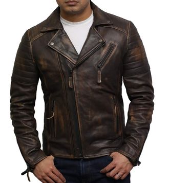 Brandslock Mens Genuine Leather Biker Jacket Slim Fit Cross Zip Retro Brando Vintage