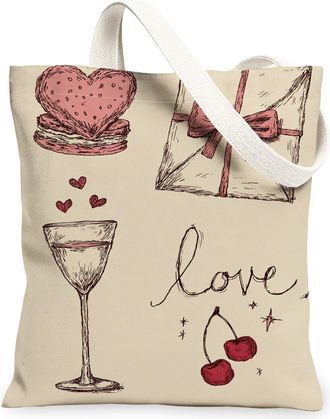 Generic Love Themed Canvas Tote Bags, Cute Heart and Cherries Design Reusable Grocery Bags, Vintage Romantic Lightweight Washable S, Beige, 13x15 Inch