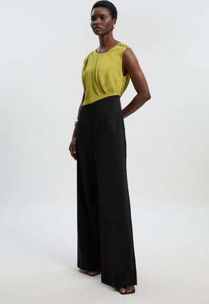 Karen Millen Womens Soft Tailored Asymmetric Neck Wide Leg Jumpsuit - Yellow - Size 16 UK