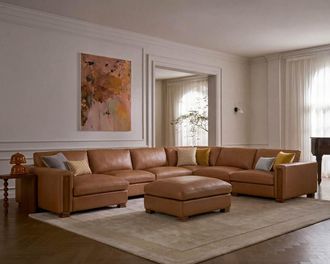 Castlery Tan France Kagan Leather 6-Piece L-Shape Sectional Couch with Ottoman, Brown American Top-Grain Leather, Modern Heritage Modular Sofa