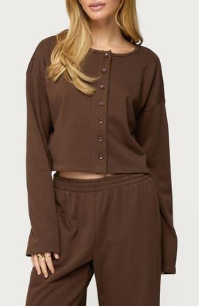 Edikted Binah French Terry Crop Cardigan in Dark-Brown at Nordstrom, Size X-Small