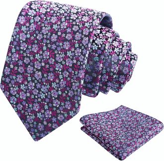 Alizeal Mens Floral Patterned Wedding Party Tie with Pocket Square 8cm Colorful Classic Business Tie Set, Purple+Magenta