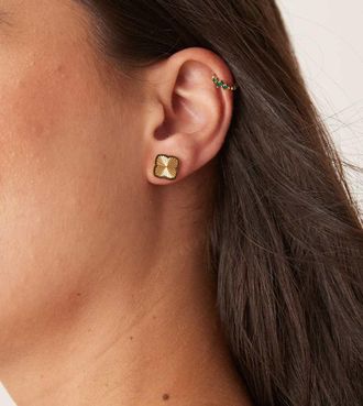 Abbott Lyon Orecchini a bottone in acciaio inossidabile resistente allacqua placcato oro 18 carati a forma di quadrifoglio zigrinati