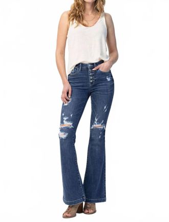 Judy Blue Superstar Button Fly Flare Destroyed Jeans In Blue