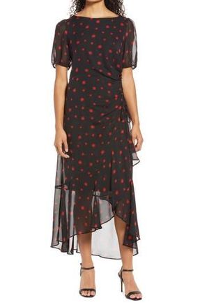 Julia Jordan Ruched High-Low Midi Dress in Black/mult at Nordstrom Rack, Size 10