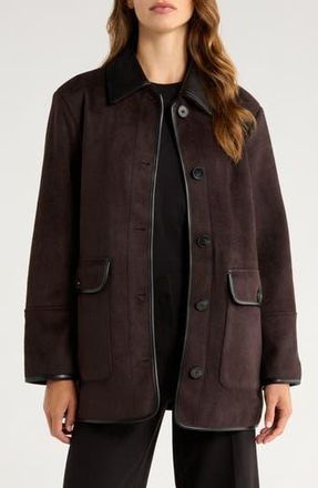 Bernardo Button Front Coat with Faux Leather Trim in Seal Brown /Black at Nordstrom Rack, Size Small