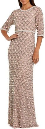 Mac Duggal Petite Pearl & Crystal Embellished Evening Gown in Light Rose at Nordstrom, Size 10P