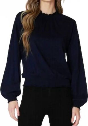 bobi Smocked Shirred Turtleneck Long Sleeve Tee In Dark Navy