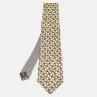 Versace Vintage Yellow Geometric Pattern Silk Jacquard Tie