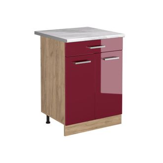 Vicco Mueble Bajo De Cocina R-line, Rojo De Alto Brillo/roble Dorado, 60 Cm Con Caj&oacute;n Encimera M&aacute;rmol, Vicco
