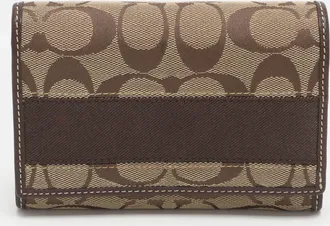 Coach Beige/brown Signature Canvas And Leather Compact Wallet