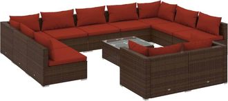 vidaXL Set Muebles De Jard&iacute;n 12 Pzas Y Cojines Rat&aacute;n Sint&eacute;tico Marr&oacute;n Vidaxl