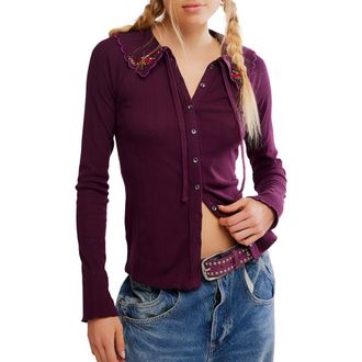 Free People Juniper Embroidered Pointelle Cotton Button-Up Top in Vintage Grape at Nordstrom Rack, Size X-Small