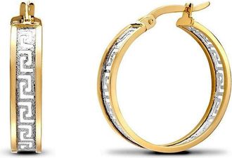 Jewelco London 9ct 2-Colour Gold Frosted Meander Greek Key Hoop Earrings 20mm - JER783A