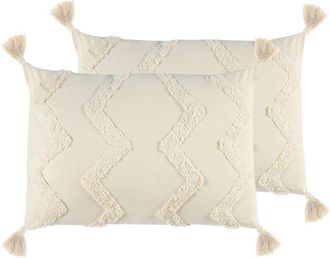Beliani Conjunto De 2 Cojines De Algod&oacute;n Beige Claro 40 X 60 Cm Chevron Borlas Cerinthe