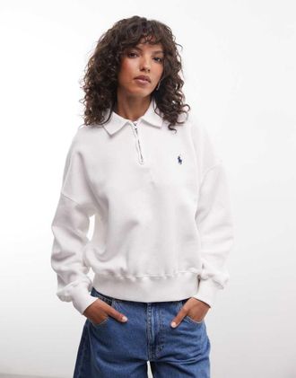 Polo Ralph Lauren Felpa bianca vestibilit&agrave; comoda con zip corta e logo-Bianco