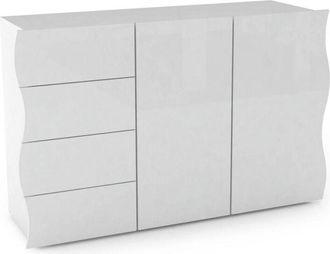 Dmora Credenza ondulata, Madia di design a 2 ante e 4 cassetti, Made in Italy, Mobile Porta tv, Buffet da soggiorno, cm 124x40h81, colore Bianco lucido