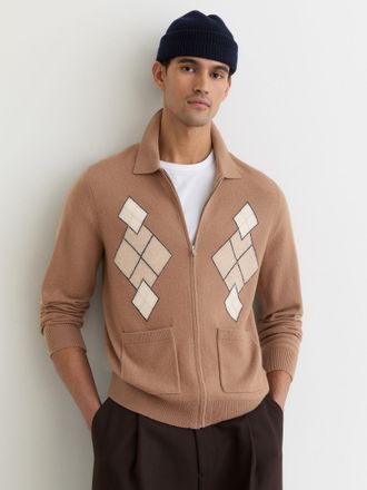 Reiss Camel Brown Wool Zip-through Argyle Cardigan, M