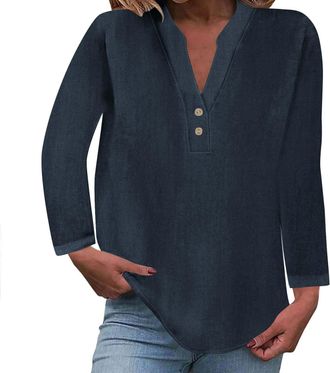 Generic Linen Blouse for Women UK 2024 Fall Long Sleeve Tshirt Fashion Button Down V Neck Blouse Tees Solid Cotton Linen Loose Fit Tops Vacation Lightweight C