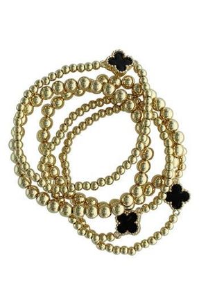 Olivia Welles Set of 5 Clover Beaded Stackable Bracelets in Gold /Black at Nordstrom Rack