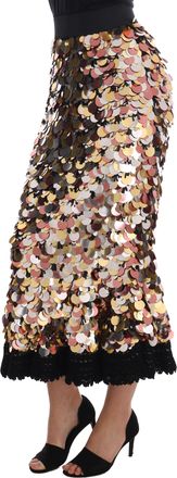 Dolce & Gabbana Gold Sequined Peplum High Waist Womens Skirt