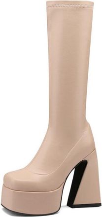 Generic Womens mid calf platform boots chunky cutout block heels stretch fabric square toe glossy finish,Apricot,4.5 UK
