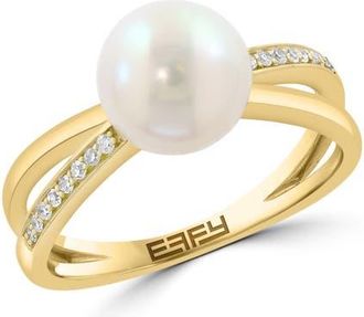 Effy 14K Yellow Gold Floating Freshwater Pearl Diamond Crossover Ring in 14K Gold at Nordstrom, Size 7