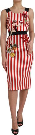 Dolce & Gabbana Red White Floral Sleeveless Sheath Midi Womens Dress