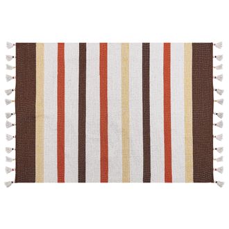 Beliani Alfombra De Algod&oacute;n Marr&oacute;n Beige Amarillo Naranja 160 X 230 Cm A Rayas A Mano Hisarli