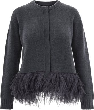 Fabiana Filippi Feather-Embellished Round Neck Grey Wool Cardigan