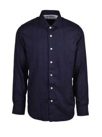 Eleventy Blue Button-Down Flannel Cotton-Blend Shirt