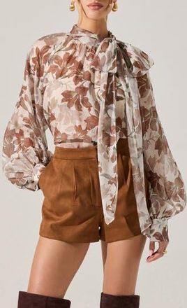 ASTR the Label Cinthia Pussybow Balloon Sleeve Top in Brown White Floral at Nordstrom Rack, Size Large